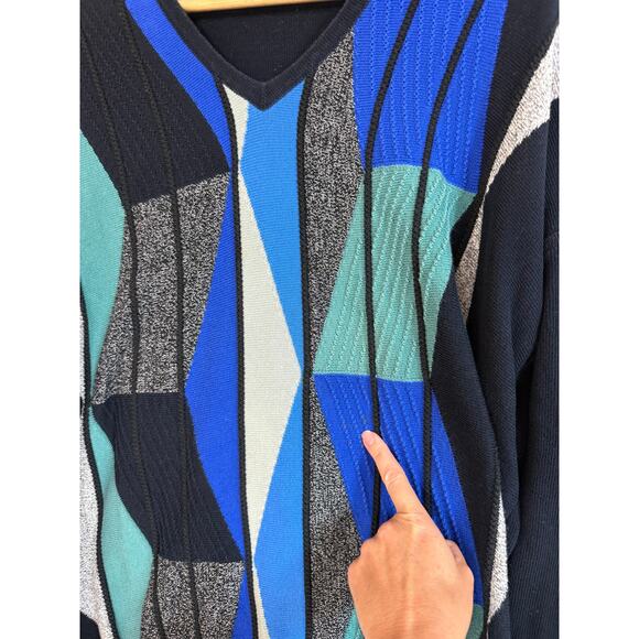 VTG 90s St. Croix V-neck Sweater Geometric 3D Knit Multicolor Grandpa Coogi XXL - Picture 7 of 10